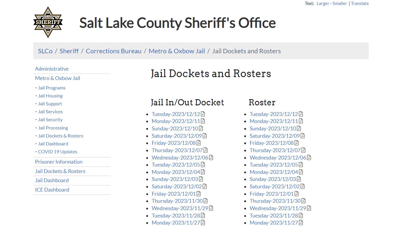 Jail Dockets and Rosters - Sheriff | SLCo - Salt Lake County, Utah